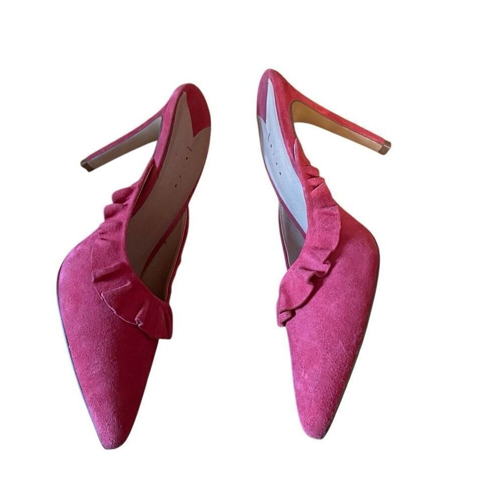 LEITH | pink suede mule heels with ruffle detail 8 - Picture 7 of 14